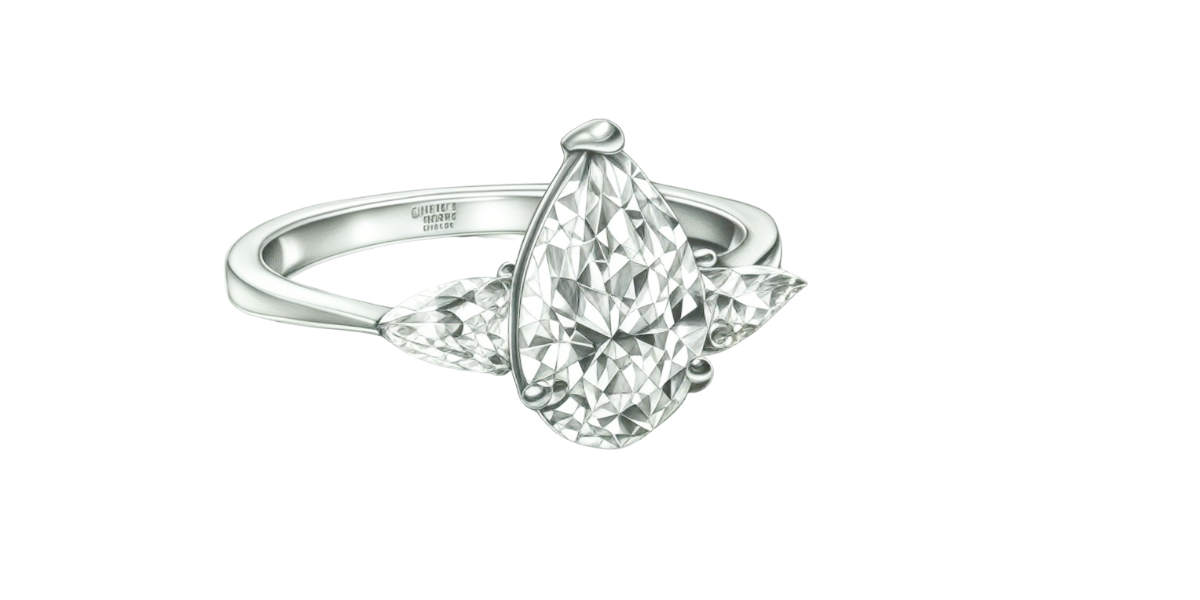 Diamond ring with pear-shaped gemstone on a white background