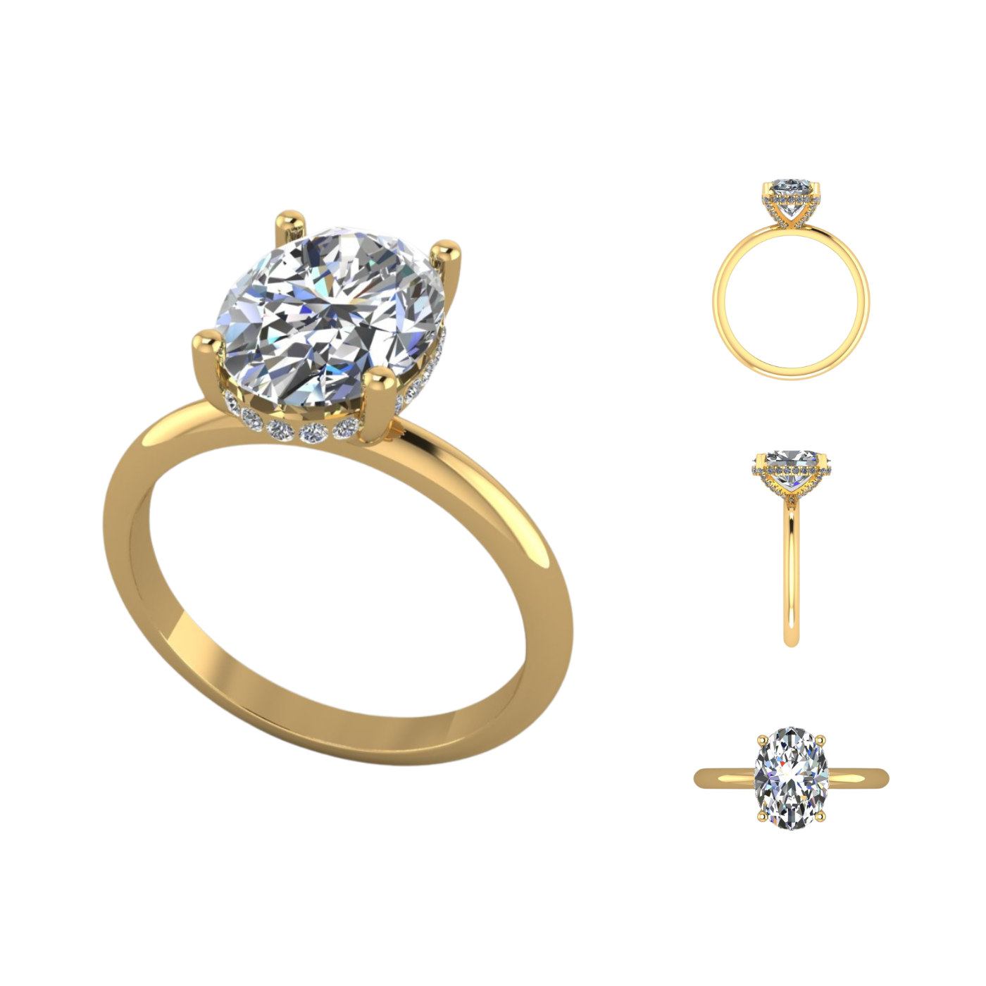 3D render of a 18k gold solitaire setting with 2 carat lab-grown diamond and diamond hidden halo on a white background