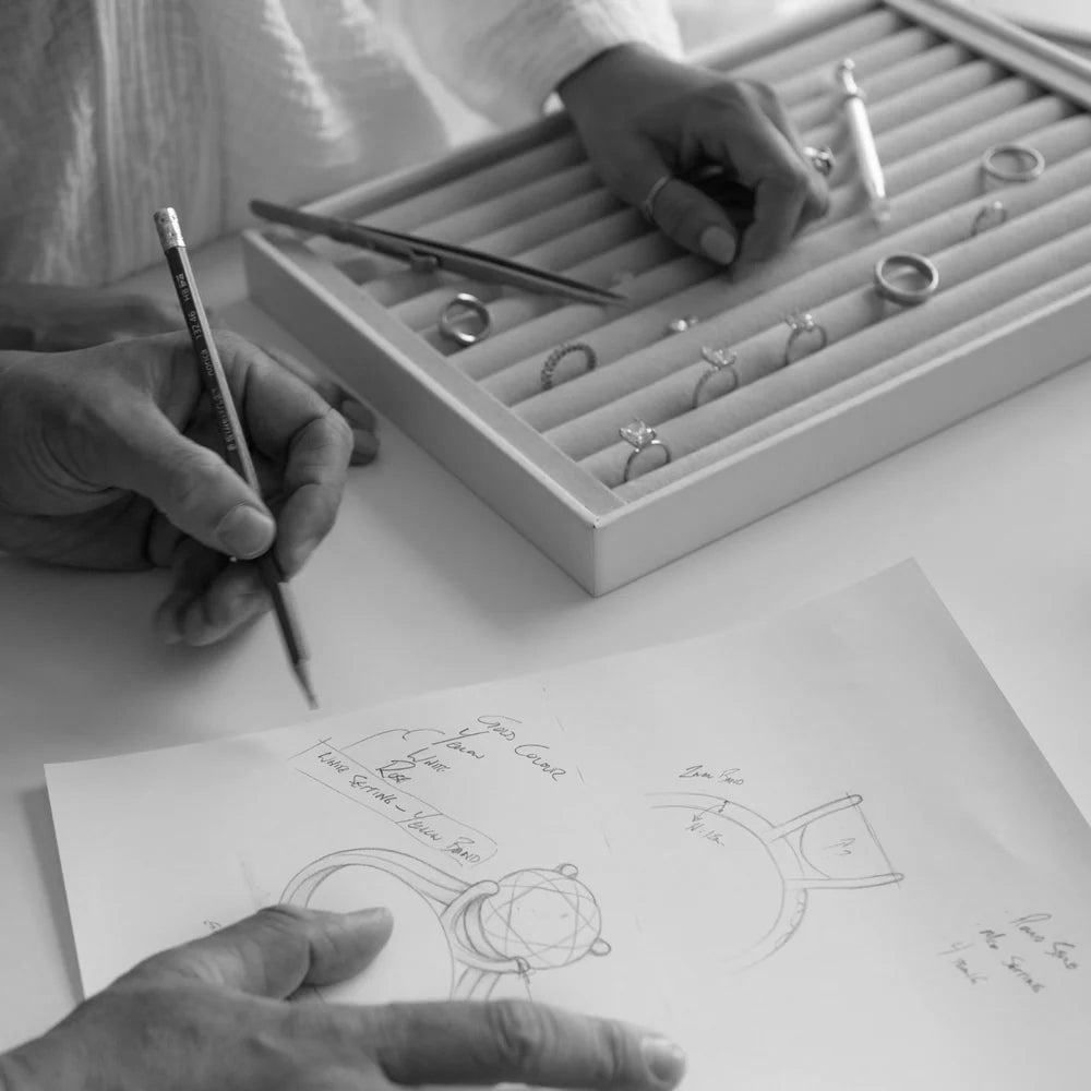 Jewelry Founders sketching ring designs on a table with a box of Saint Stone rings, creative workspace in Australia